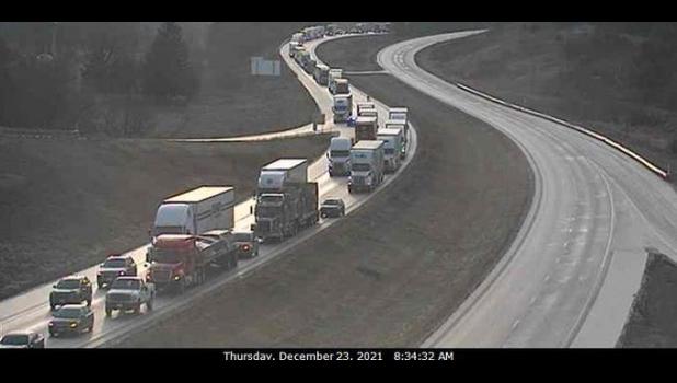 A photo of the back-up of traffic on I-94 between Osseo and Northfield after a massive crash the morning of Thursday, Dec. 23 closed the interstate. Photo courtesy of WisDOT Northwest Region