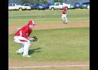 Ty Gaedtke handles a hard smash down the third baseline in the third inning Thursday, above, and makes the toss to first base for the out, left. Second baseman Cooper Holtorf watches the play unfold. 