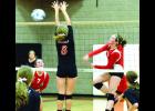 Lexy Peterson smashes the ball over the net and past L-A’s Ashton Haake in action from the second game of Monday night’s sweep of the Cardinals in the W-K Gym. Teammate Kelsey Hartert waits for a possible return. 