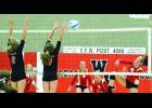 Lewiston-Altura’s Ashton Haake (8) and Ally Haake (11) try to block this spike attempt by W-K’s Lexy Peterson in the second game of last Monday night’s match at W-K. Adrianna Baab, Natalie Schmit, Maggie Klees and Grace Lineweaver look on for W-K.
