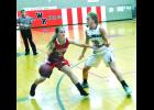 Michaela Rollinger drives around Fillmore Central’s Morgan Malle late in Tuesday night’s Girls Basketball game at W-K.