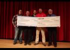 E-S tech ed teacher Craig Cegielski received two donations from Osseo Precision Machining, Inc,  and Dan Conroy, along with Nexen Group, Inc of Webster, Wis. Pictured, left to right, Donovan Peterson, Paul Vold, Lee Dawson, with Osseo Precision Machining, Inc., Craig Cegielski, Dan Conroy (who donated funds of his own, along with his employer Nexen Group, Inc).