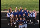 With the 2015 DSC championship plaque, girls team members are, pictured, front, left to right, Kateri Hansen, Bailey Van Den Heuvel, Shanna Laehn; row 2, Haley Poeschel, Mickena Rennich, Jacey Risler, Amanda Rud, Maddie Gilbertson; row 3, Maria Jans, Sydney Ede, Grace Weinzierl, Liz Berns, Selena Topper, Amelia Flaskrud, Claire Bee, Miranda Lund; back, Coach Dan Kirking, Coach Paul Bielmeier, Coach Jamie McGuire, Coach Emily Erickson. 