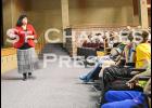 Last Monday, November 19th, Dover-Eyota sixth grade students listen as Valerie (DeCora) Guimaraes speaks about the Dakota conflict at Dover-Eyota High School. 