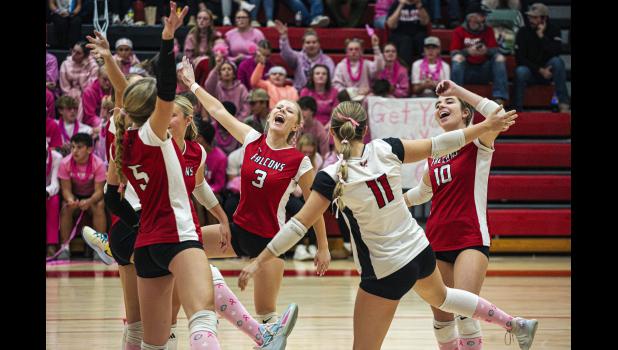 The Falcons celebrate a point scored on a free-ball.