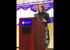 Wabasha native Dr. Shannon Meyer gives her Acceptance Speech at the St. Catherine University Athletic Hall of Fame Induction Ceremonies Saturday in St. Paul. Shannon is a 1984 graduate of Wabasha-Kellogg High School. (Photo by Michelle S. Meyer)